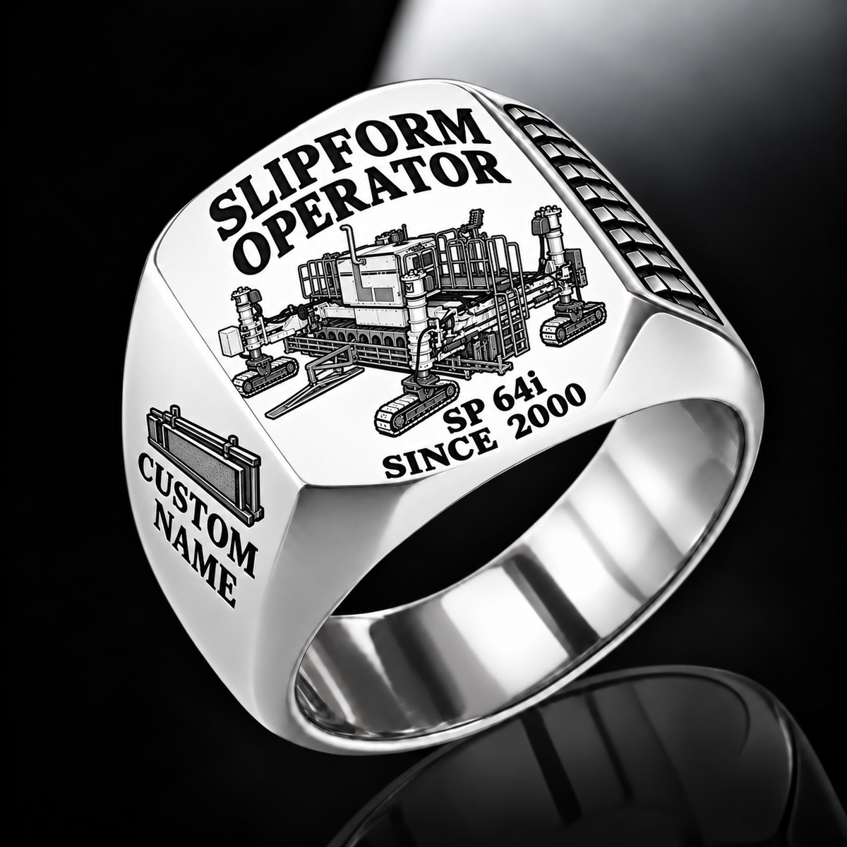 Silver personalized SP 64i concrete slipform paver operator signet ring with flat machine artwork and SLIPFORM OPERATOR, SP 64i, CUSTOM NAME and SINCE 2000 engraving.
