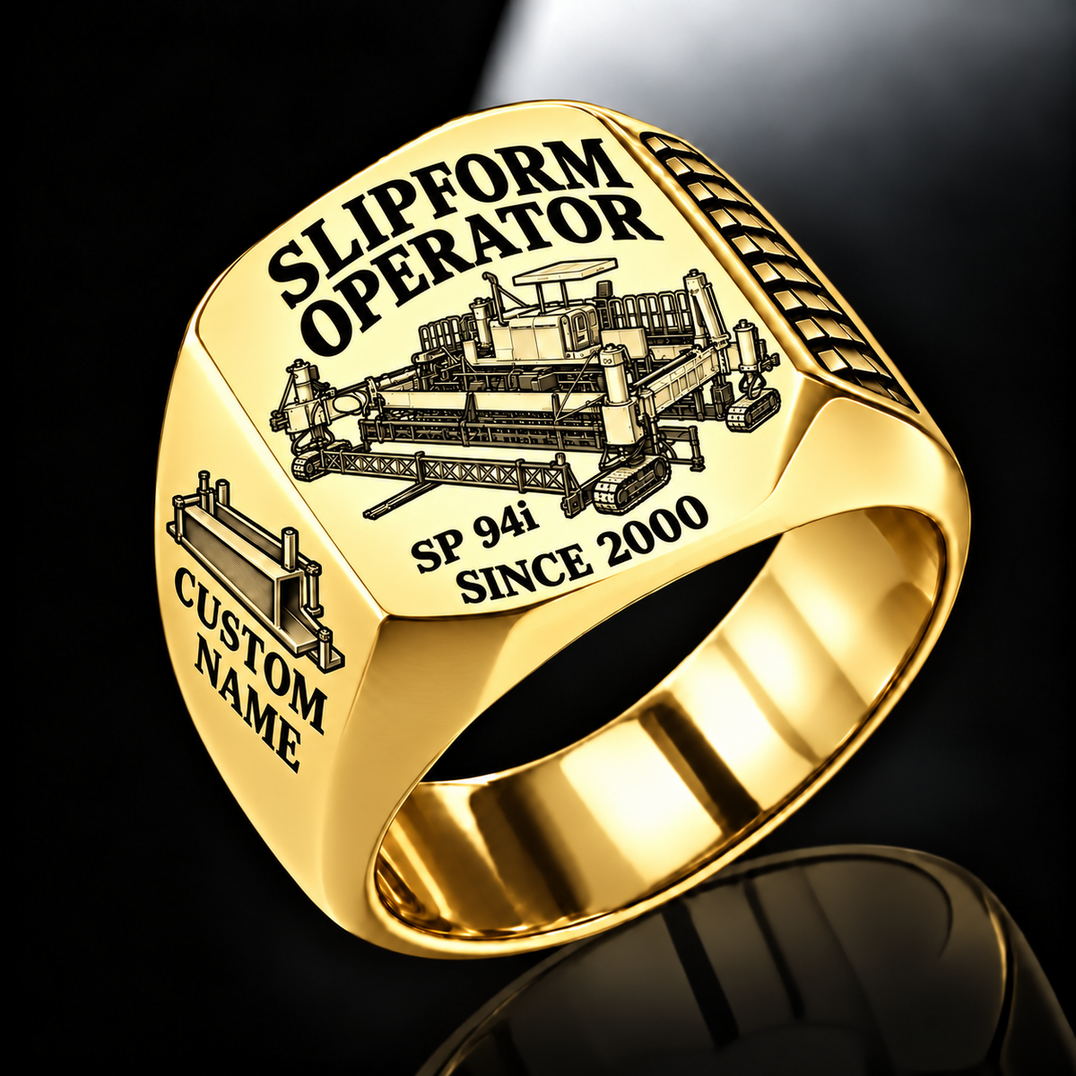 Gold personalized SP 94i concrete slipform paver operator signet ring with flat machine artwork and SLIPFORM OPERATOR, SP 94i, CUSTOM NAME and SINCE 2000 engraving.