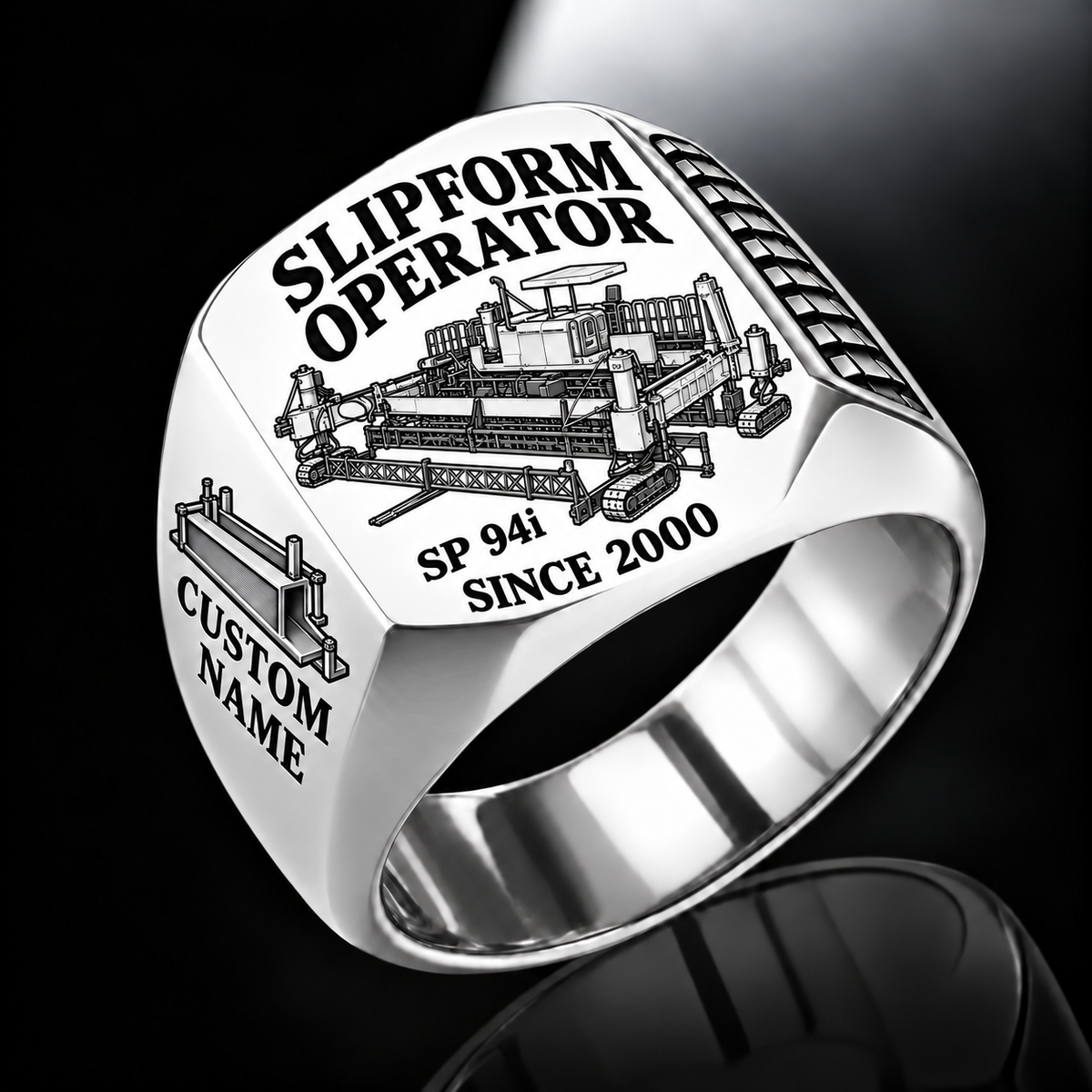 Silver personalized SP 94i concrete slipform paver operator signet ring with flat machine artwork and SLIPFORM OPERATOR, SP 94i, CUSTOM NAME and SINCE 2000 engraving.