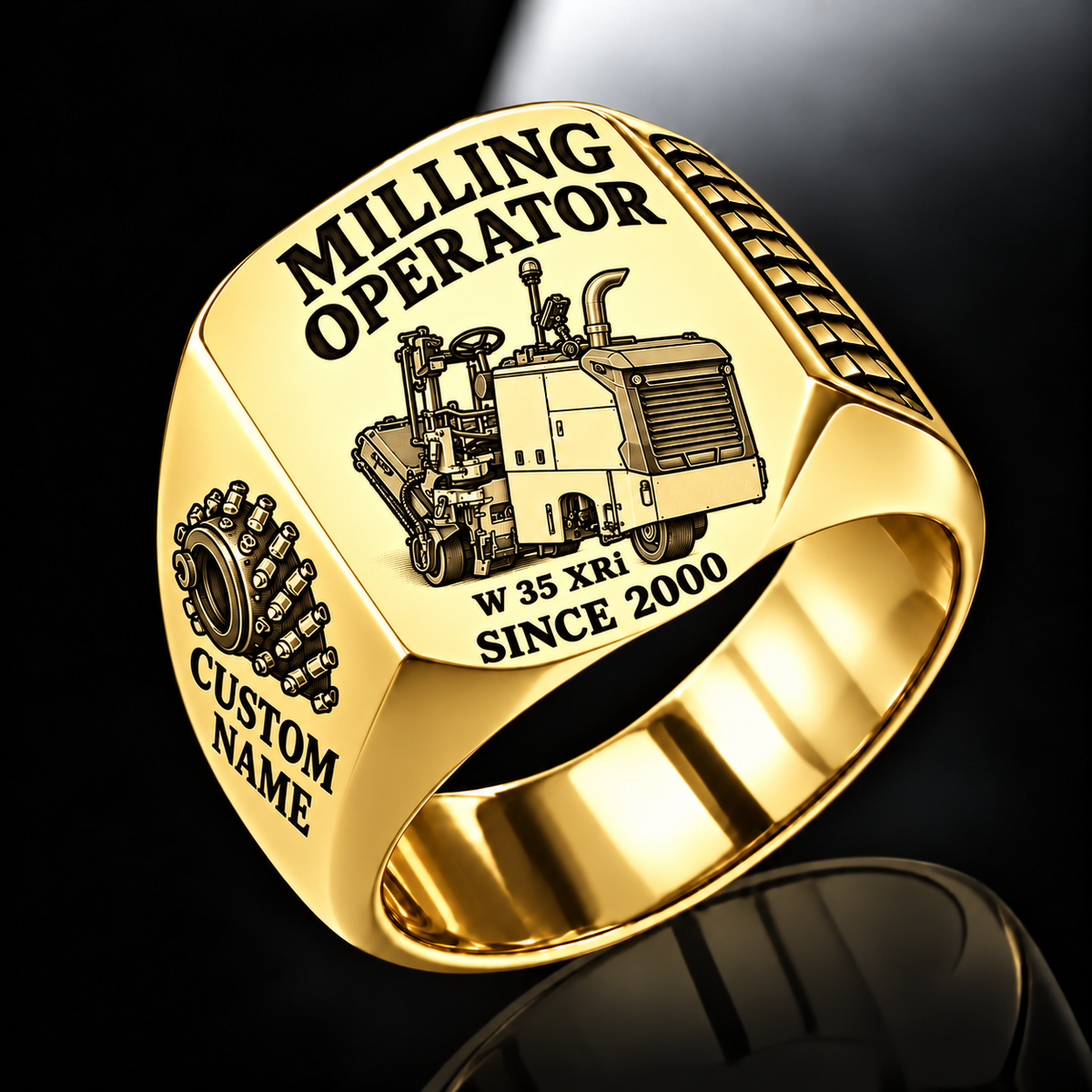Gold personalized W 35 XRi cold planer operator signet ring with flat machine artwork and MILLING OPERATOR, W 35 XRi, CUSTOM NAME and SINCE 2000 engraving.