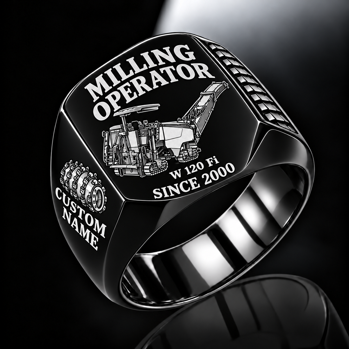 Black personalized W 120 Fi cold planer operator signet ring with flat machine artwork and MILLING OPERATOR, W 120 Fi, CUSTOM NAME and SINCE 2000 engraving.