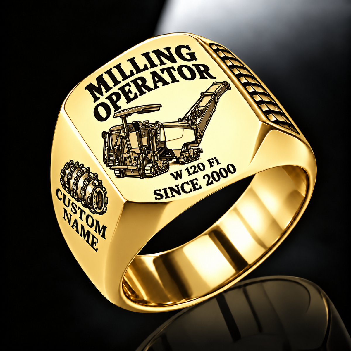 Gold personalized W 120 Fi cold planer operator signet ring with flat machine artwork and MILLING OPERATOR, W 120 Fi, CUSTOM NAME and SINCE 2000 engraving.