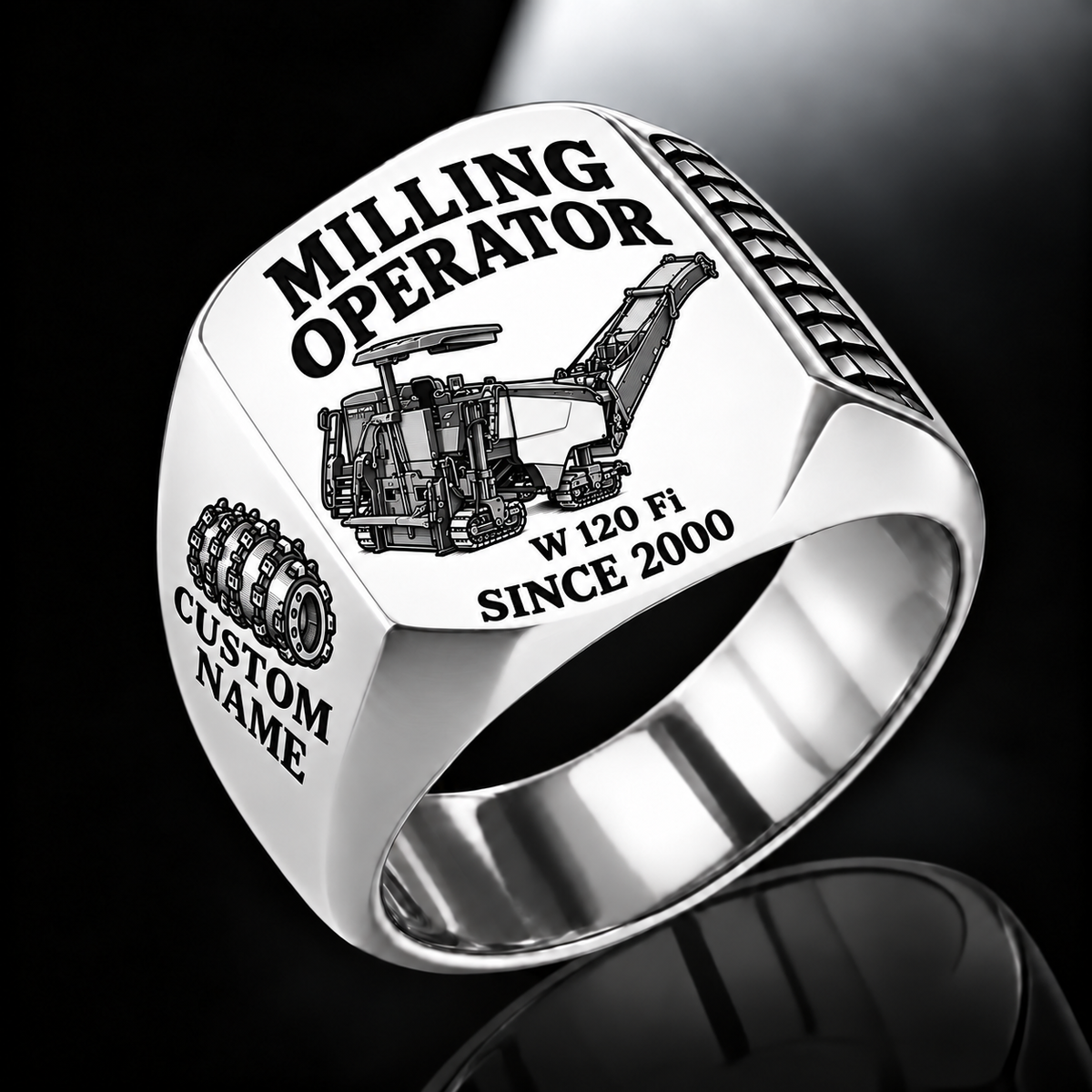 Silver personalized W 120 Fi cold planer operator signet ring with flat machine artwork and MILLING OPERATOR, W 120 Fi, CUSTOM NAME and SINCE 2000 engraving.