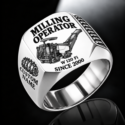 Silver personalized W 120 Fi cold planer operator signet ring with flat machine artwork and MILLING OPERATOR, W 120 Fi, CUSTOM NAME and SINCE 2000 engraving.