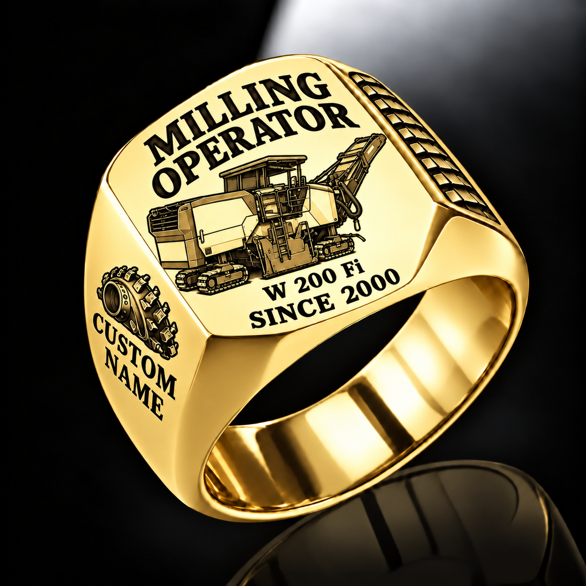 Gold personalized W 200 Fi cold planer operator signet ring with flat machine artwork and MILLING OPERATOR, W 200 Fi, CUSTOM NAME and SINCE 2000 engraving.