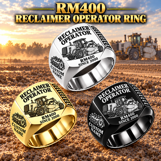 Three personalized RM400 road reclaimer operator signet rings in Silver, Gold and Black finishes, with RECLAIMER OPERATOR, RM400, CUSTOM NAME and SINCE 2000 engraving.