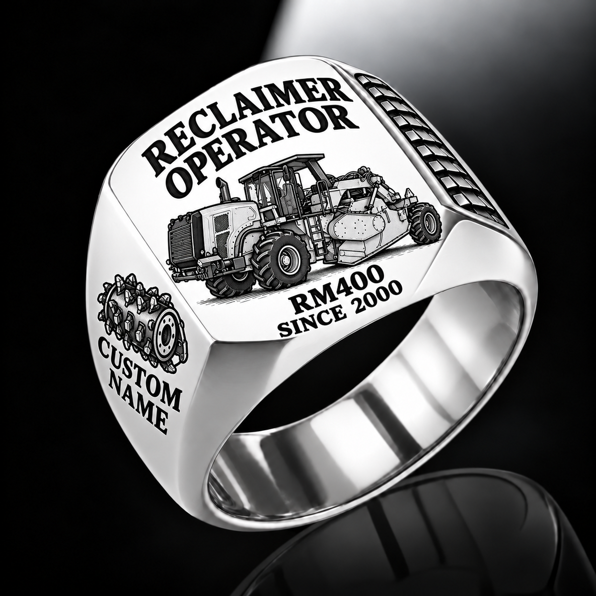 Silver personalized RM400 road reclaimer operator signet ring with flat machine artwork and RECLAIMER OPERATOR, RM400, CUSTOM NAME and SINCE 2000 engraving.