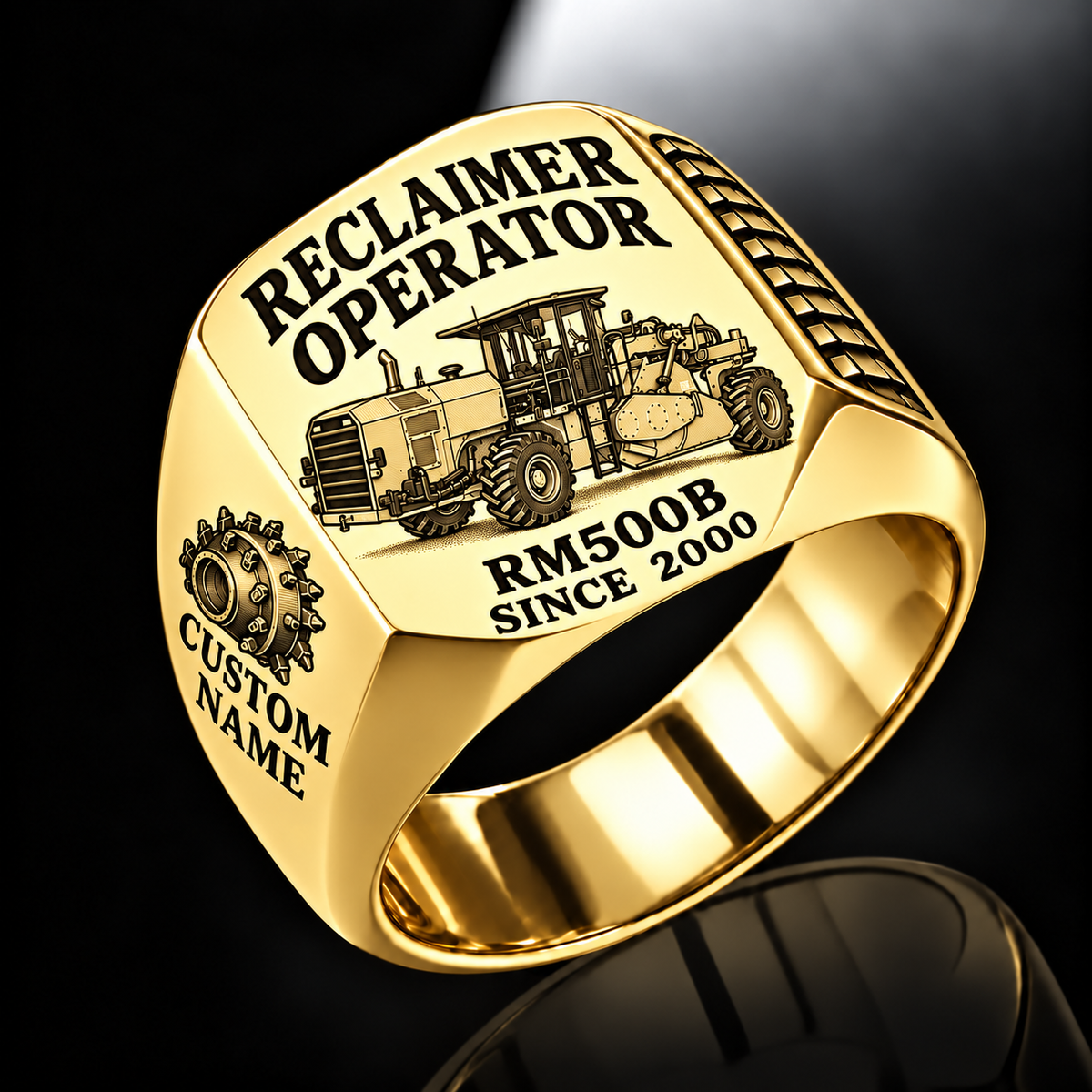 Gold personalized RM500B road reclaimer operator signet ring with flat machine artwork and RECLAIMER OPERATOR, RM500B, CUSTOM NAME and SINCE 2000 engraving.