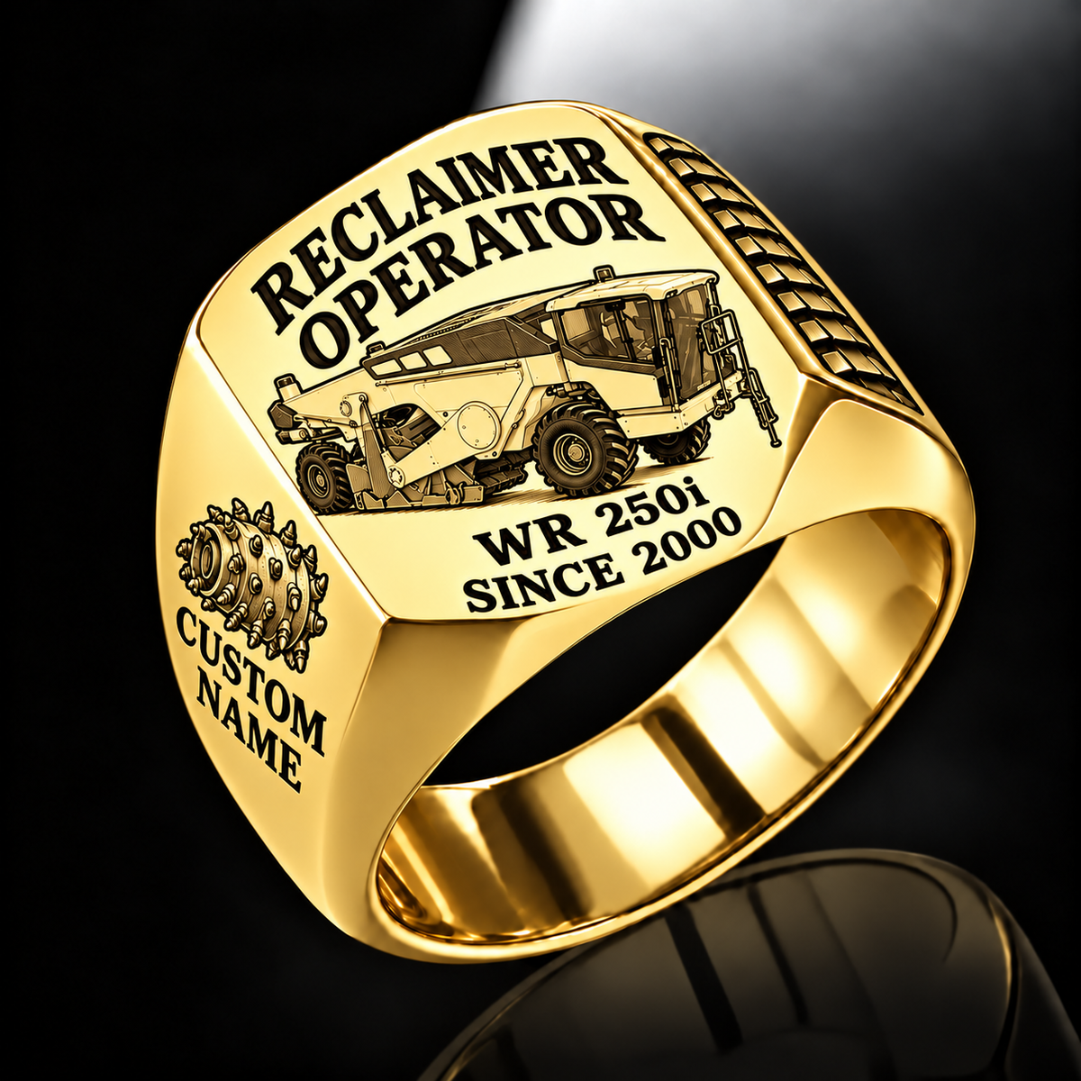 Gold personalized WR 250i road reclaimer operator signet ring with flat machine artwork and RECLAIMER OPERATOR, WR 250i, CUSTOM NAME and SINCE 2000 engraving.