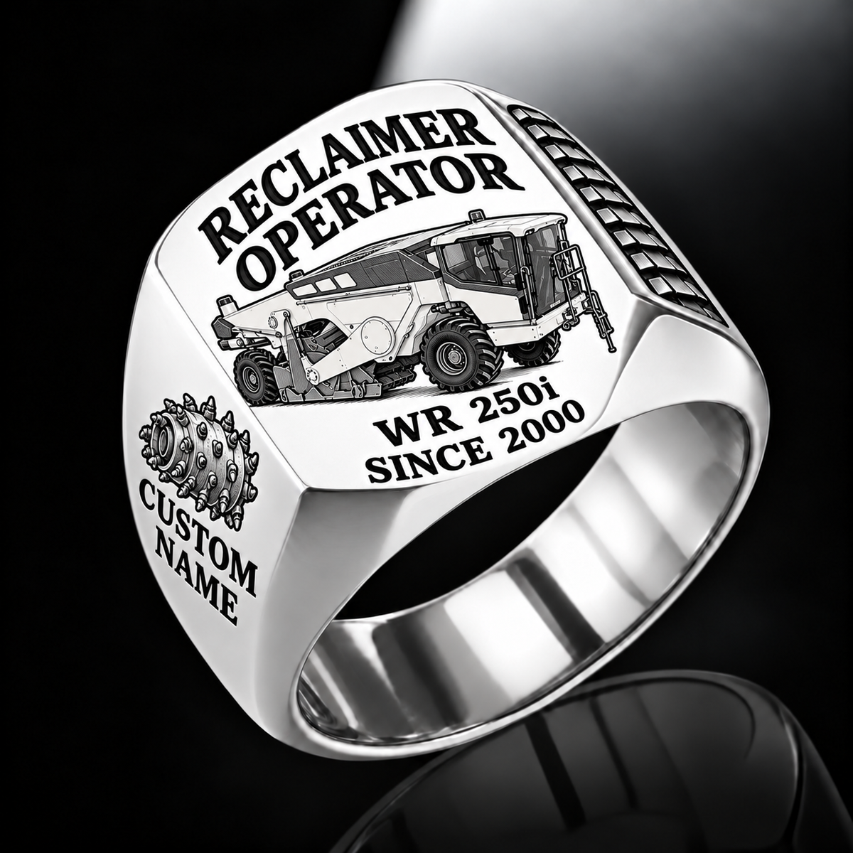 Silver personalized WR 250i road reclaimer operator signet ring with flat machine artwork and RECLAIMER OPERATOR, WR 250i, CUSTOM NAME and SINCE 2000 engraving.