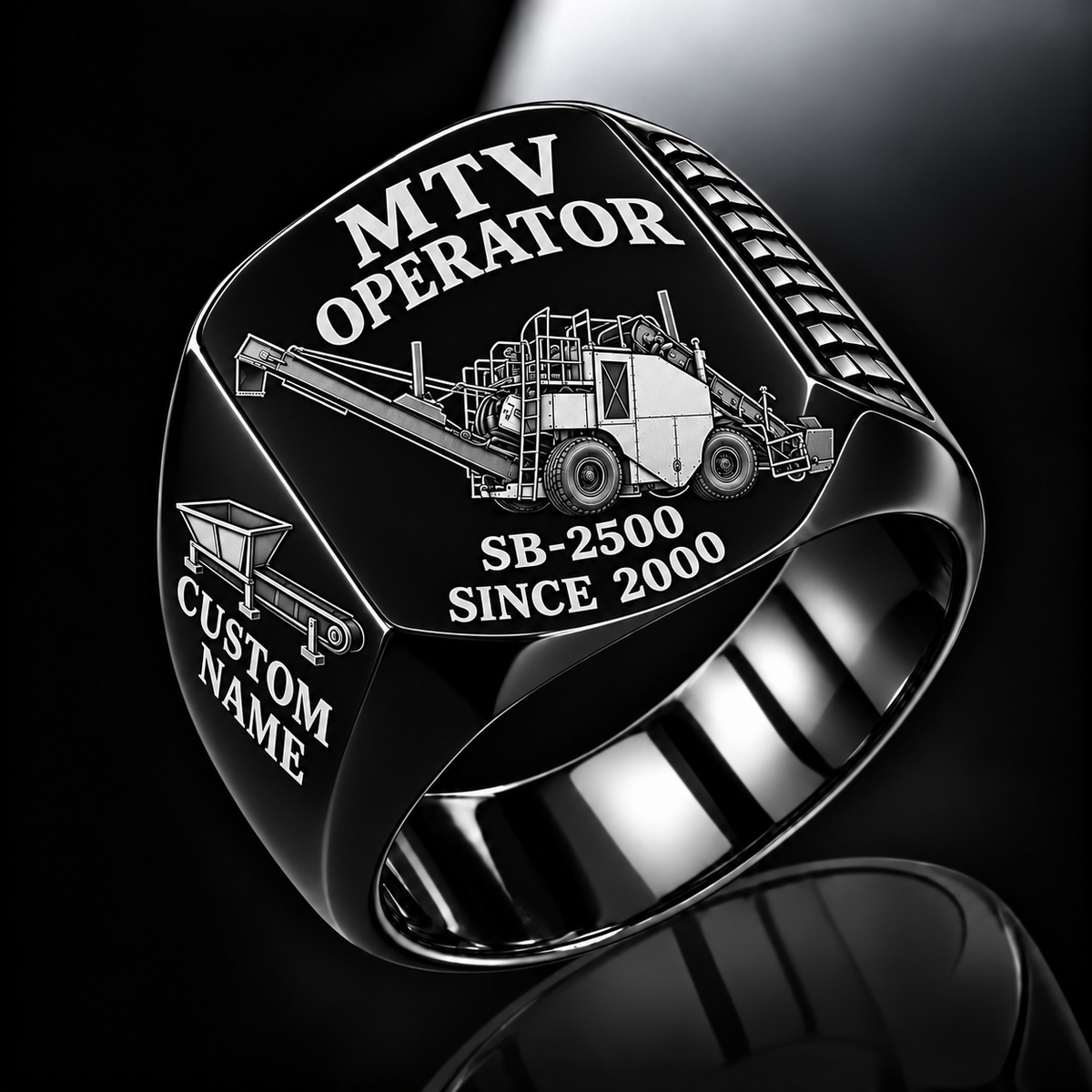 Black personalized SB-2500 material transfer vehicle operator signet ring with flat machine artwork and MTV OPERATOR, SB-2500, CUSTOM NAME and SINCE 2000 engraving.