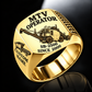 Gold personalized SB-2500 material transfer vehicle operator signet ring with flat machine artwork and MTV OPERATOR, SB-2500, CUSTOM NAME and SINCE 2000 engraving.