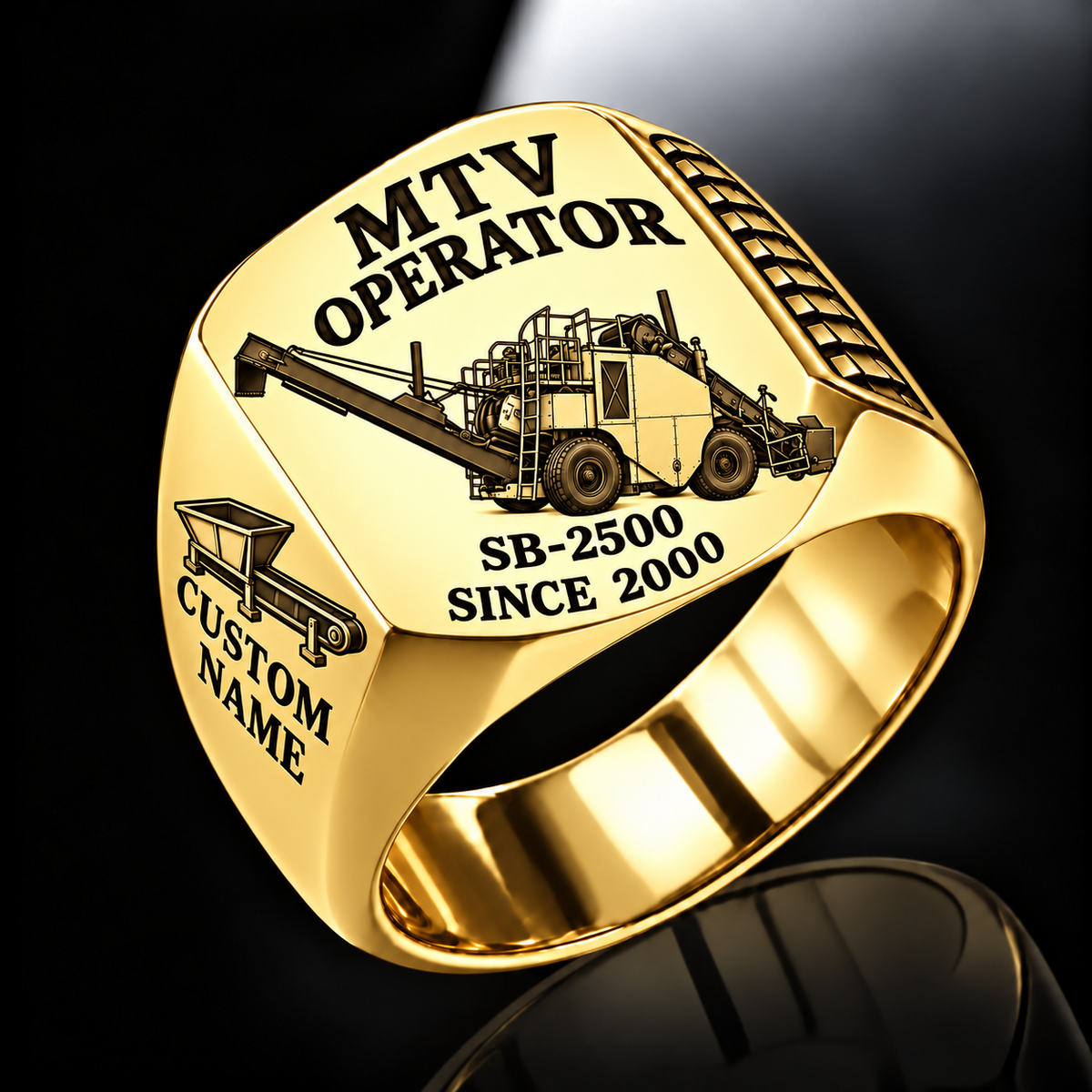 Gold personalized SB-2500 material transfer vehicle operator signet ring with flat machine artwork and MTV OPERATOR, SB-2500, CUSTOM NAME and SINCE 2000 engraving.