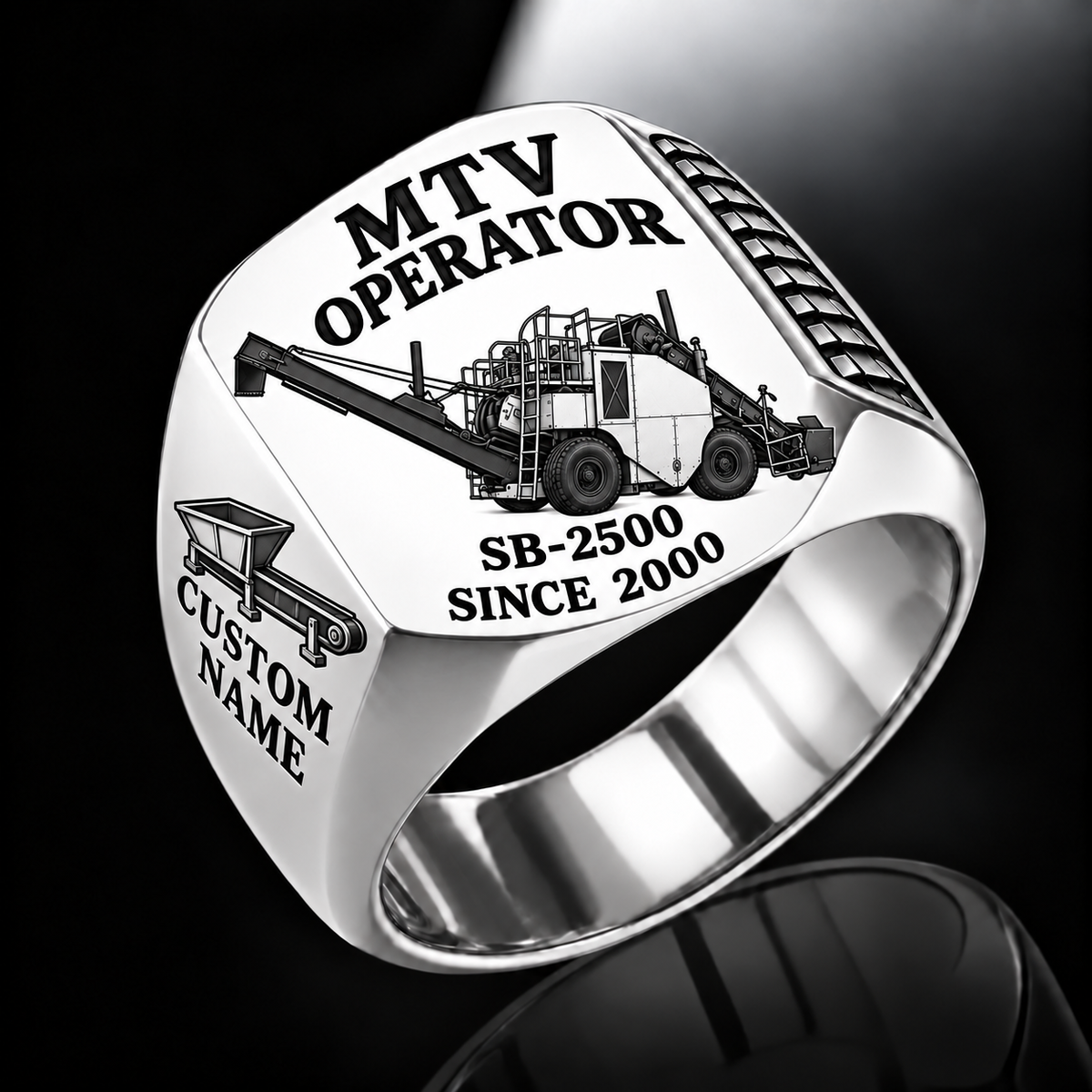 Silver personalized SB-2500 material transfer vehicle operator signet ring with flat machine artwork and MTV OPERATOR, SB-2500, CUSTOM NAME and SINCE 2000 engraving.