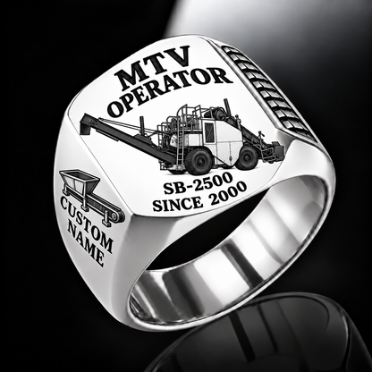 Silver personalized SB-2500 material transfer vehicle operator signet ring with flat machine artwork and MTV OPERATOR, SB-2500, CUSTOM NAME and SINCE 2000 engraving.