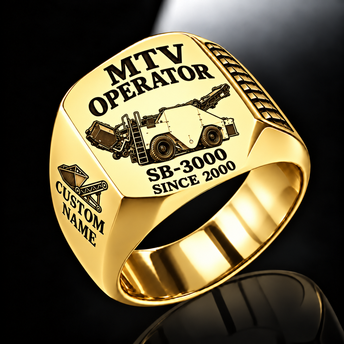 Gold personalized SB-3000 material transfer vehicle operator signet ring with flat machine artwork and MTV OPERATOR, SB-3000, CUSTOM NAME and SINCE 2000 engraving.
