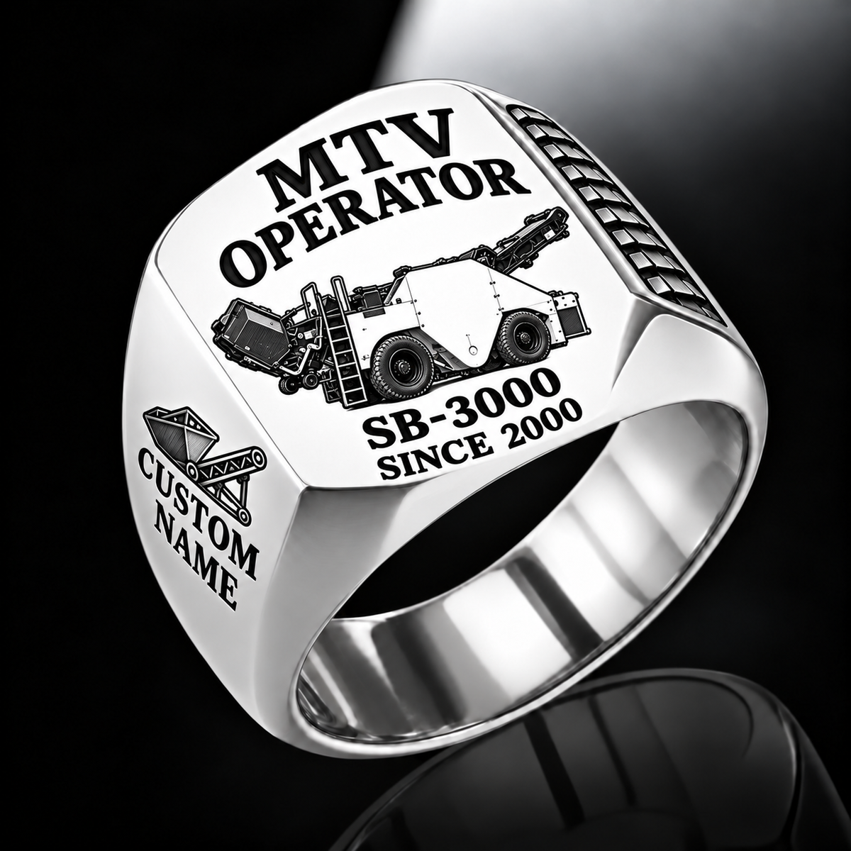 Silver personalized SB-3000 material transfer vehicle operator signet ring with flat machine artwork and MTV OPERATOR, SB-3000, CUSTOM NAME and SINCE 2000 engraving.
