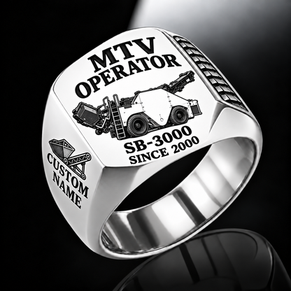 Silver personalized SB-3000 material transfer vehicle operator signet ring with flat machine artwork and MTV OPERATOR, SB-3000, CUSTOM NAME and SINCE 2000 engraving.