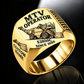 Gold personalized E2850C material transfer vehicle operator signet ring with flat machine artwork and MTV OPERATOR, E2850C, CUSTOM NAME and SINCE 2000 engraving.