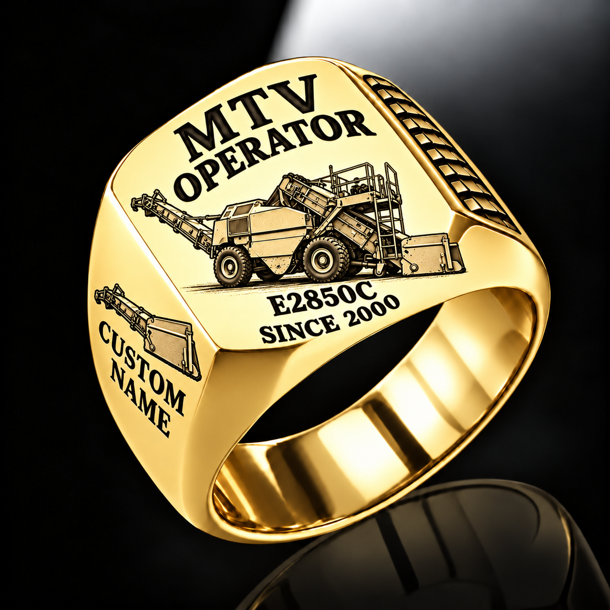 Gold personalized E2850C material transfer vehicle operator signet ring with flat machine artwork and MTV OPERATOR, E2850C, CUSTOM NAME and SINCE 2000 engraving.