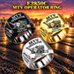 Three personalized E2850C material transfer vehicle operator signet rings in Silver, Gold and Black finishes, with MTV OPERATOR, E2850C, CUSTOM NAME and SINCE 2000 engraving.