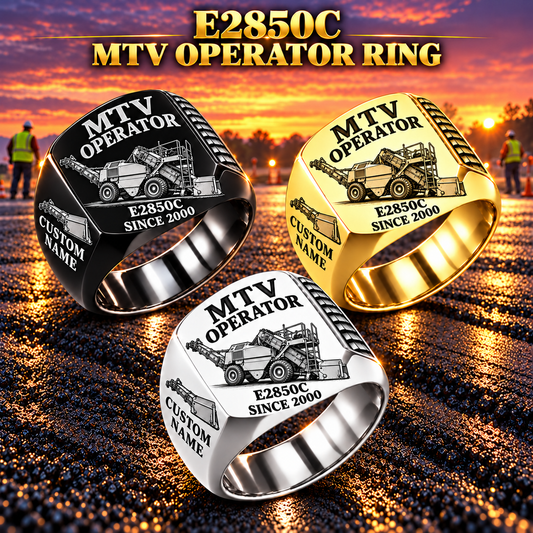 Three personalized E2850C material transfer vehicle operator signet rings in Silver, Gold and Black finishes, with MTV OPERATOR, E2850C, CUSTOM NAME and SINCE 2000 engraving.