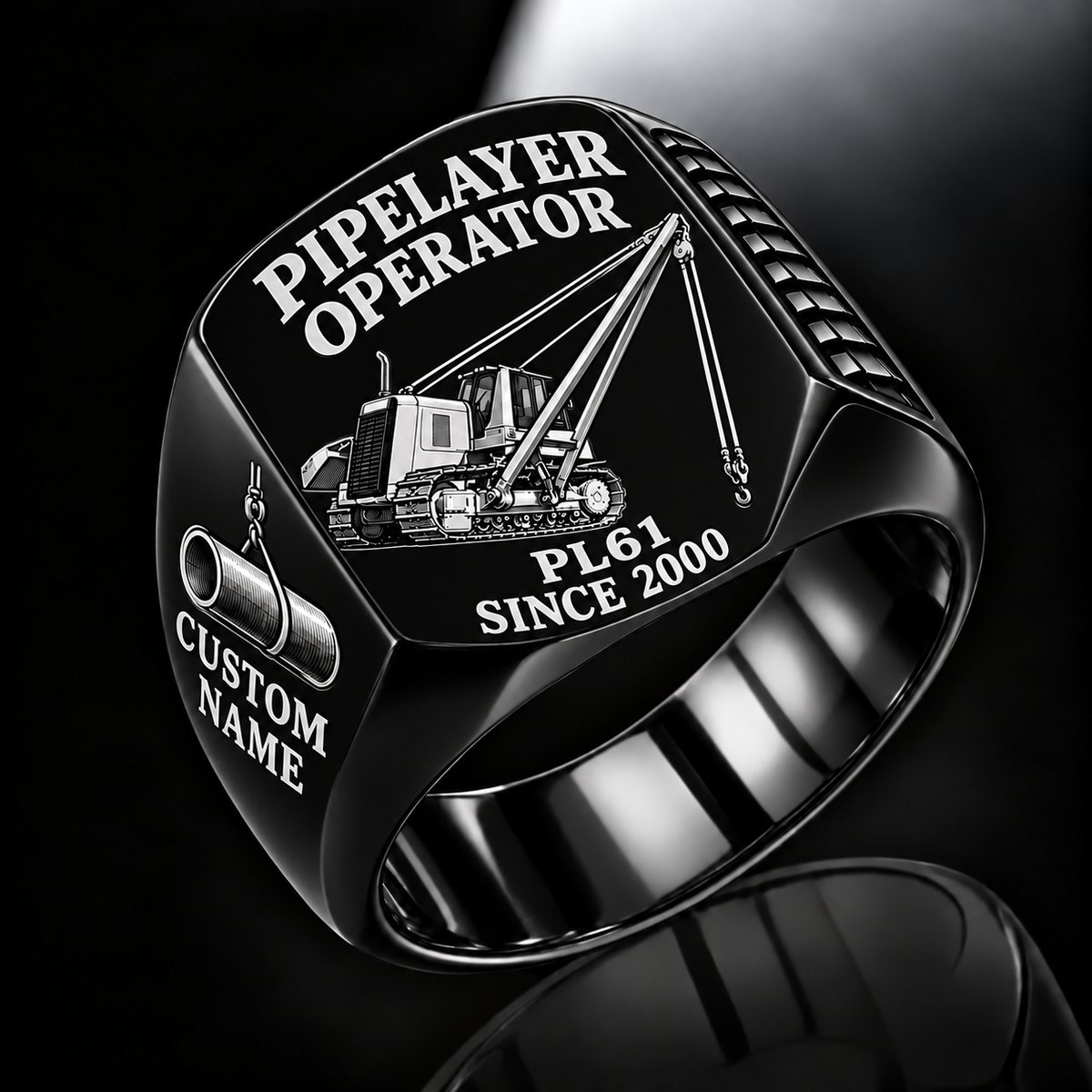 Personalized PL61 Pipelayer Operator Ring, black finish, CUSTOM NAME and SINCE 2000 engraving.