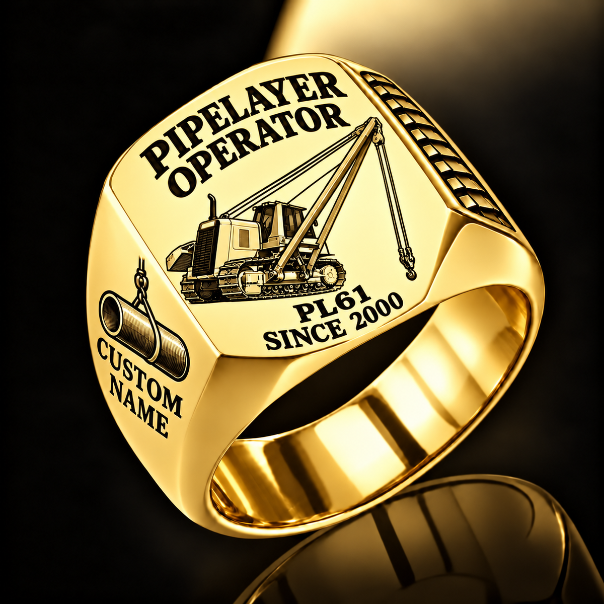 Personalized PL61 Pipelayer Operator Ring, gold finish, CUSTOM NAME and SINCE 2000 engraving.