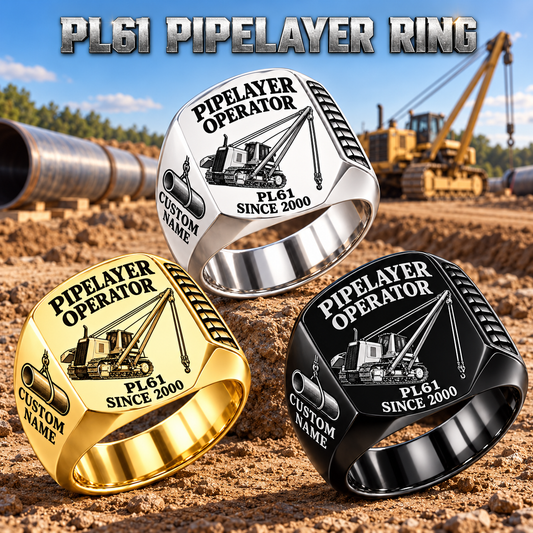 Personalized PL61 Pipelayer Operator Ring, Silver, Gold and Black three-finish hero, CUSTOM NAME and SINCE 2000 engraving.