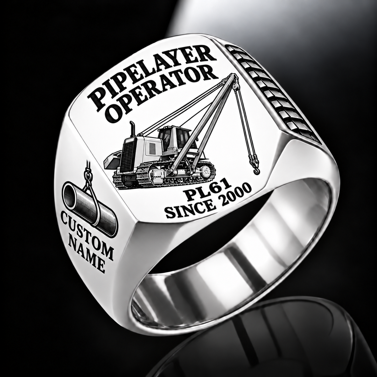Personalized PL61 Pipelayer Operator Ring, silver finish, CUSTOM NAME and SINCE 2000 engraving.