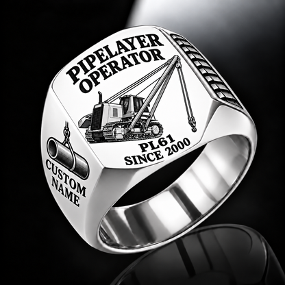 Personalized PL61 Pipelayer Operator Ring, silver finish, CUSTOM NAME and SINCE 2000 engraving.
