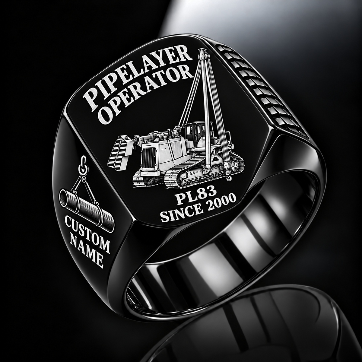 Personalized PL83 Pipelayer Operator Ring, black finish, CUSTOM NAME and SINCE 2000 engraving.