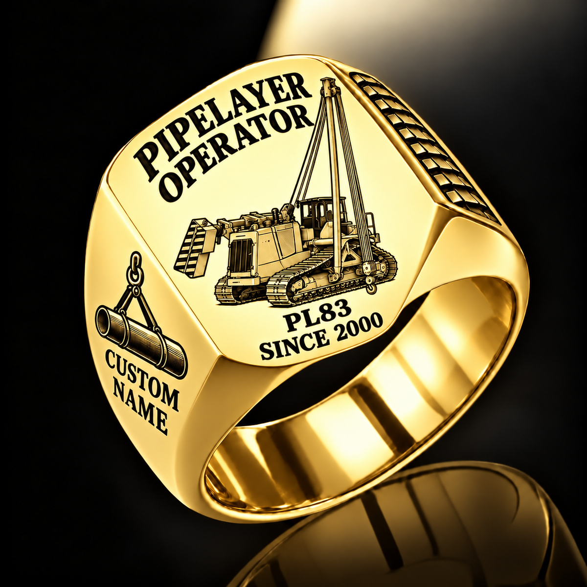 Personalized PL83 Pipelayer Operator Ring, gold finish, CUSTOM NAME and SINCE 2000 engraving.