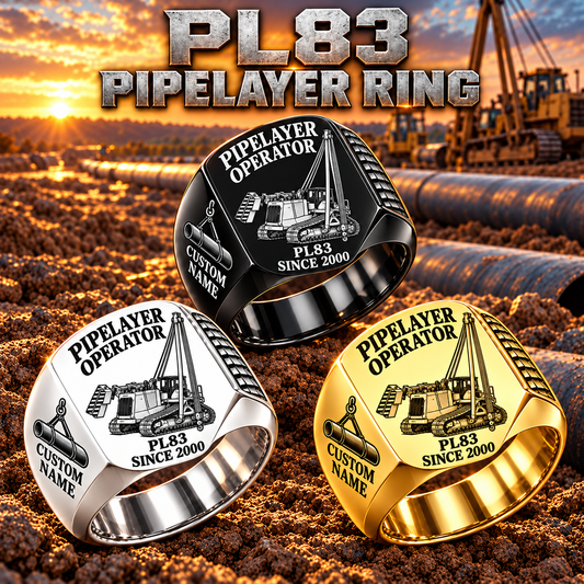 Personalized PL83 Pipelayer Operator Ring, Silver, Gold and Black three-finish hero, CUSTOM NAME and SINCE 2000 engraving.