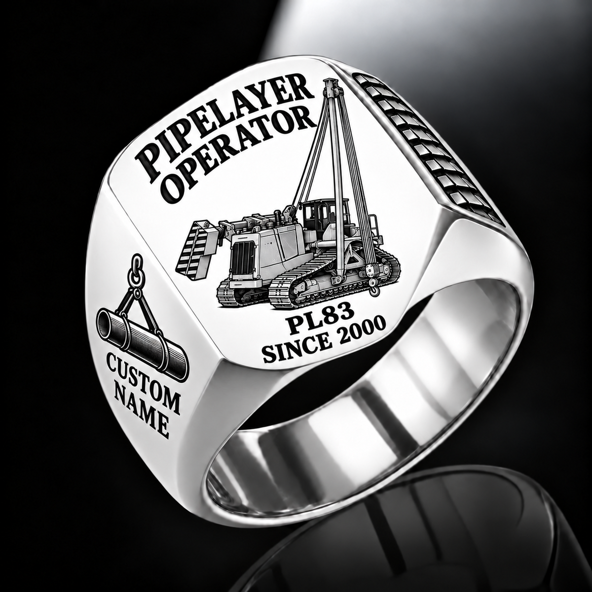 Personalized PL83 Pipelayer Operator Ring, silver finish, CUSTOM NAME and SINCE 2000 engraving.