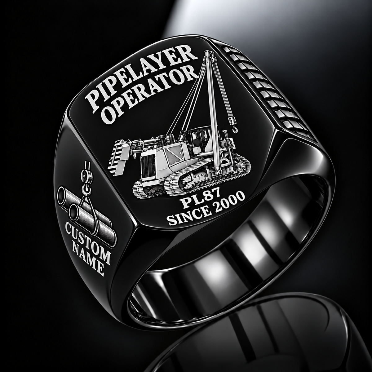 Personalized PL87 Pipelayer Operator Ring, black finish, CUSTOM NAME and SINCE 2000 engraving.
