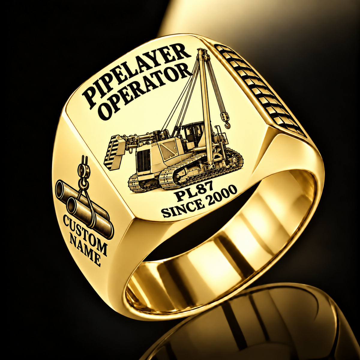 Personalized PL87 Pipelayer Operator Ring, gold finish, CUSTOM NAME and SINCE 2000 engraving.