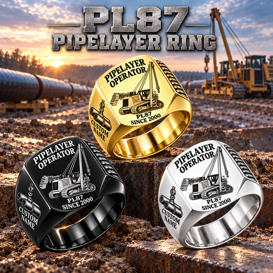 Personalized PL87 Pipelayer Operator Ring, Silver, Gold and Black three-finish hero, CUSTOM NAME and SINCE 2000 engraving.