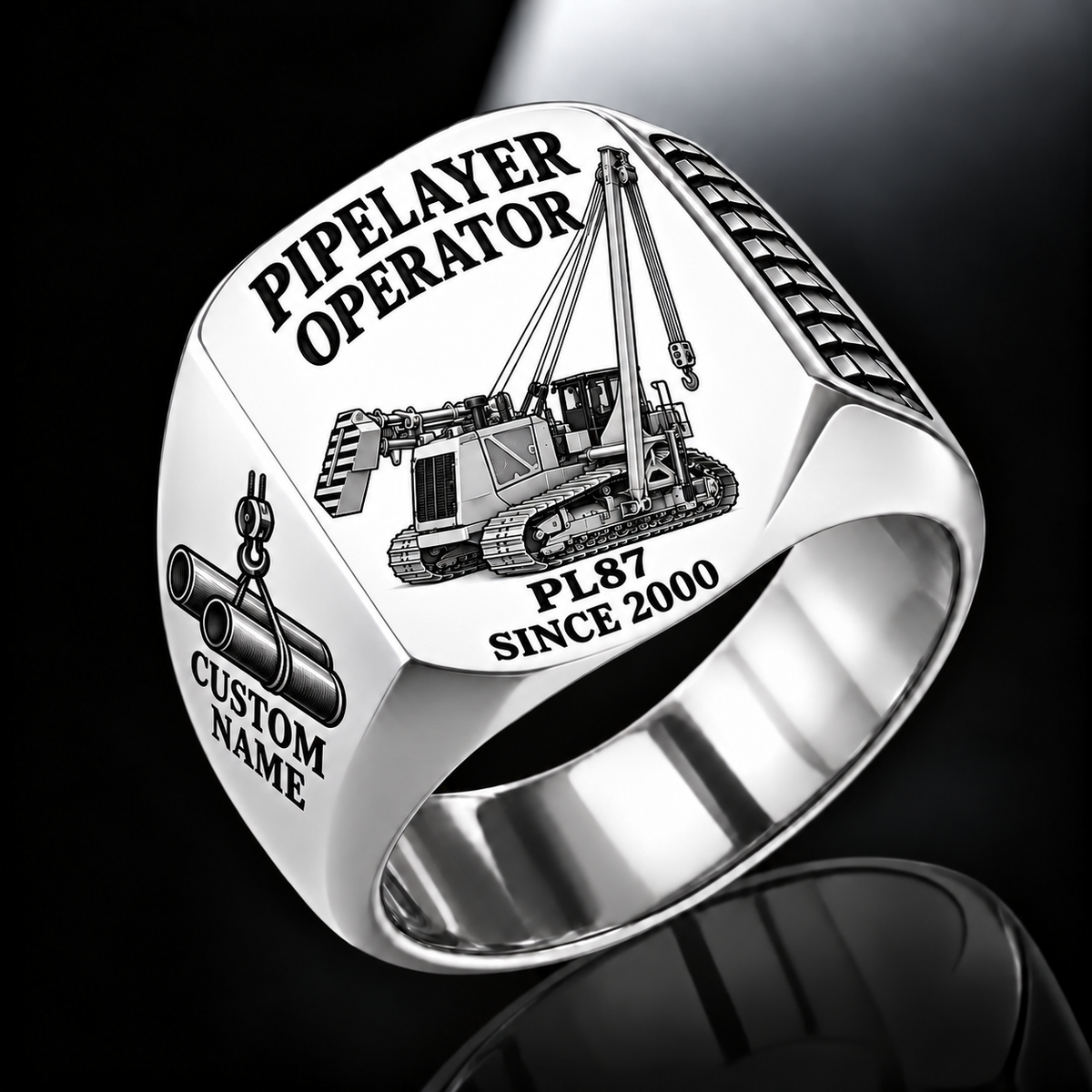 Personalized PL87 Pipelayer Operator Ring, silver finish, CUSTOM NAME and SINCE 2000 engraving.