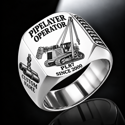 Personalized PL87 Pipelayer Operator Ring, silver finish, CUSTOM NAME and SINCE 2000 engraving.