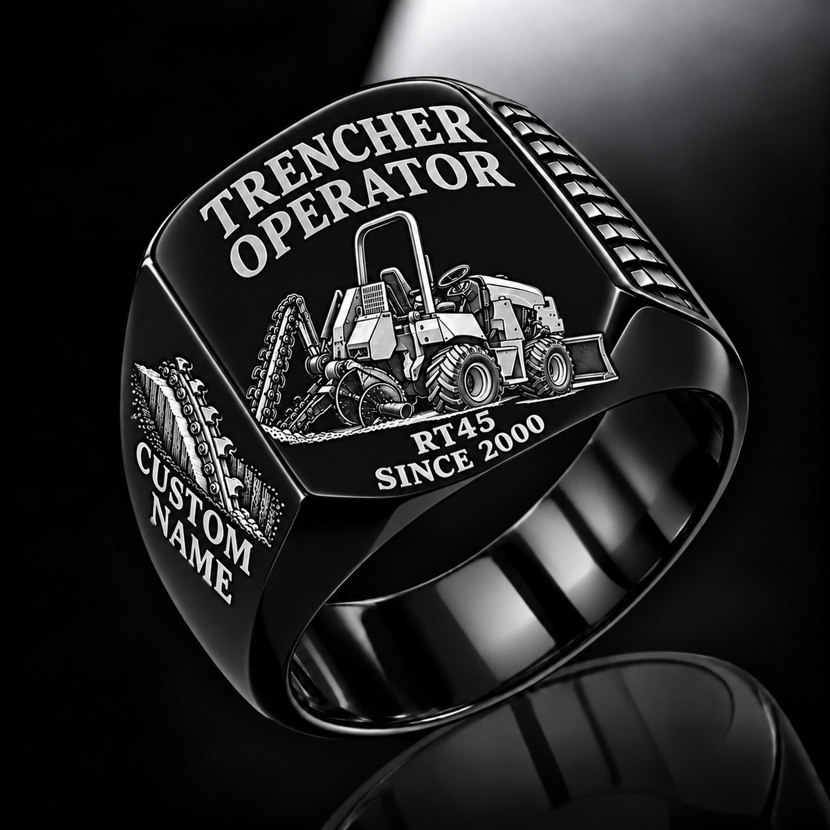 Personalized RT45 Trencher Operator Ring, black finish, CUSTOM NAME and SINCE 2000 engraving.