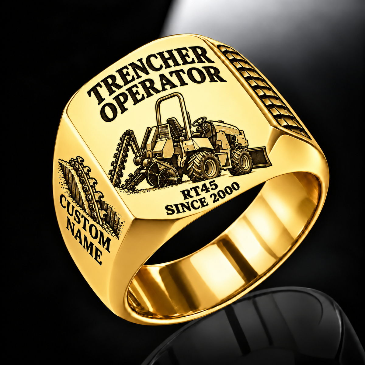 Personalized RT45 Trencher Operator Ring, gold finish, CUSTOM NAME and SINCE 2000 engraving.