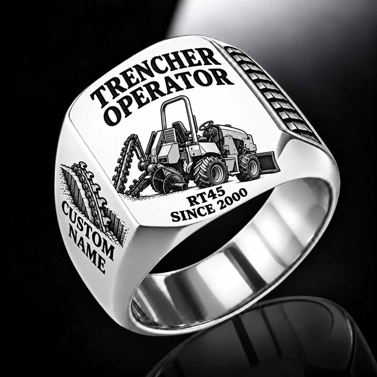 Personalized RT45 Trencher Operator Ring, silver finish, CUSTOM NAME and SINCE 2000 engraving.