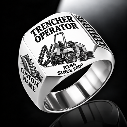 Personalized RT45 Trencher Operator Ring, silver finish, CUSTOM NAME and SINCE 2000 engraving.