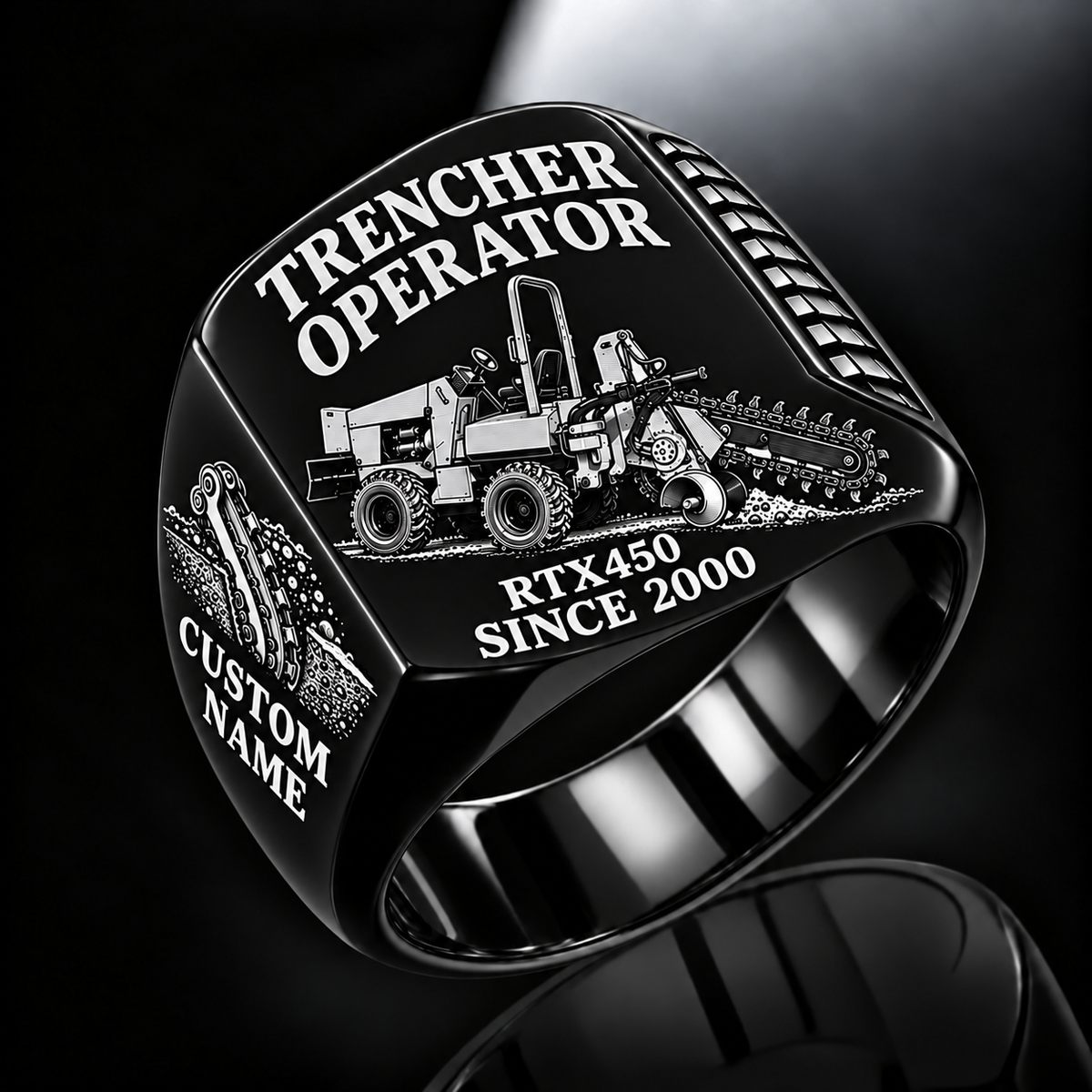Personalized RTX450 Trencher Operator Ring, black finish, CUSTOM NAME and SINCE 2000 engraving.