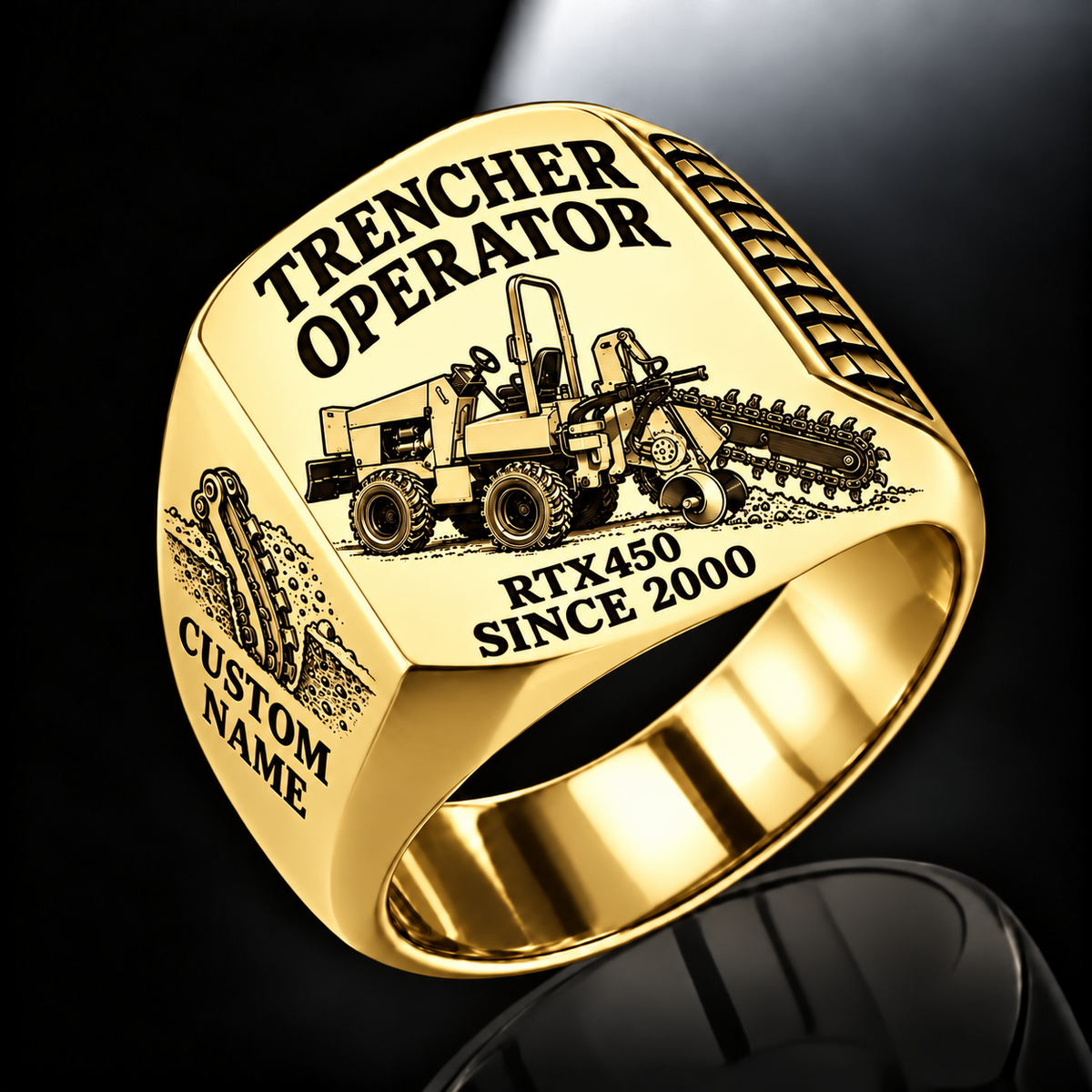Personalized RTX450 Trencher Operator Ring, gold finish, CUSTOM NAME and SINCE 2000 engraving.