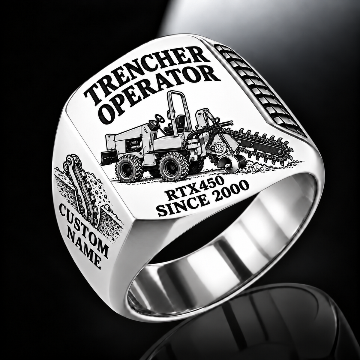 Personalized RTX450 Trencher Operator Ring, silver finish, CUSTOM NAME and SINCE 2000 engraving.