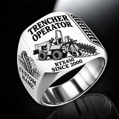 Personalized RTX450 Trencher Operator Ring, silver finish, CUSTOM NAME and SINCE 2000 engraving.