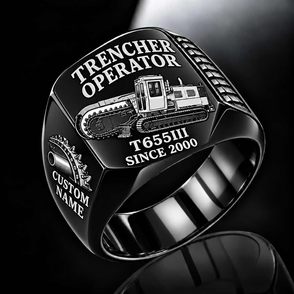 Personalized T655III Trencher Operator Ring, black finish, CUSTOM NAME and SINCE 2000 engraving.