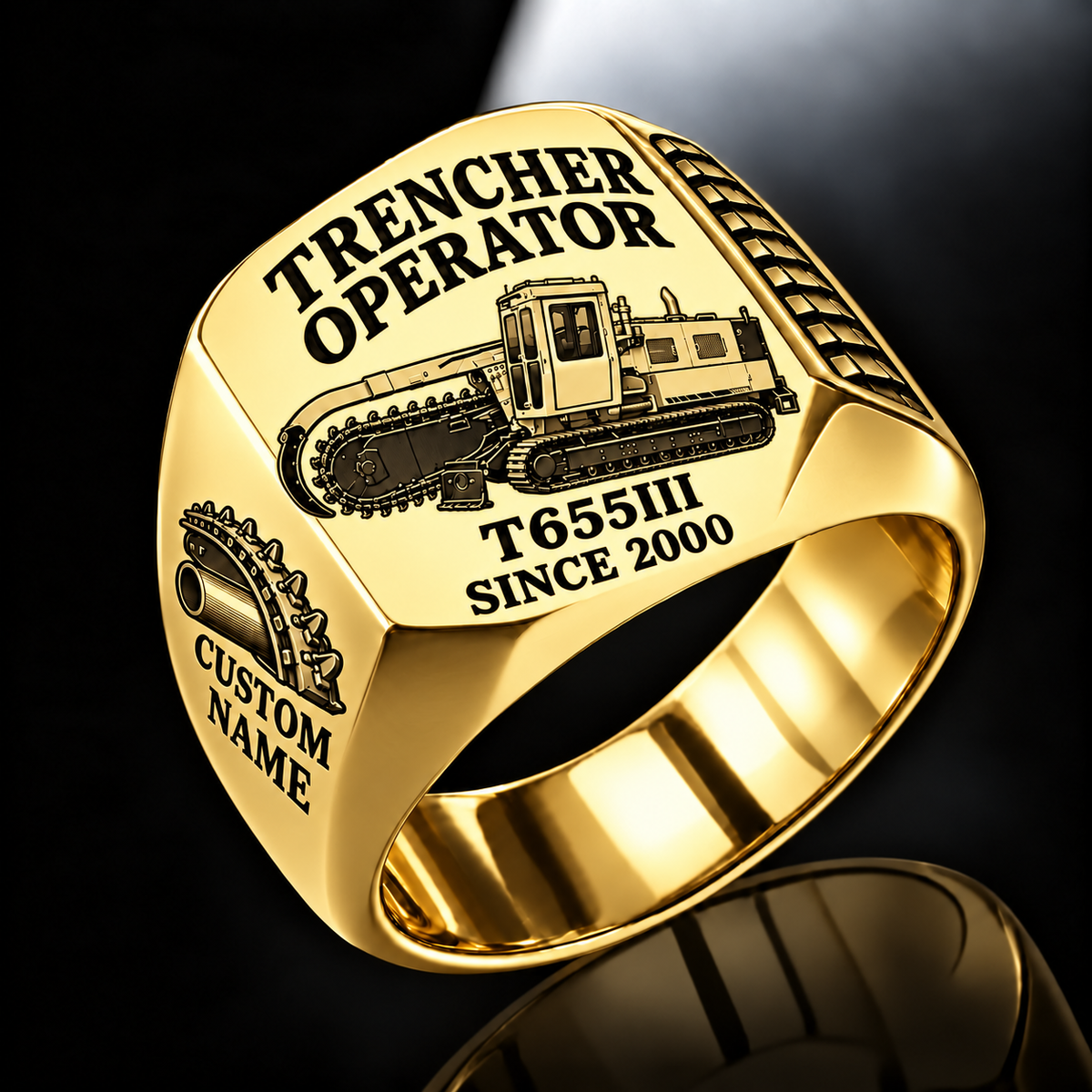 Personalized T655III Trencher Operator Ring, gold finish, CUSTOM NAME and SINCE 2000 engraving.